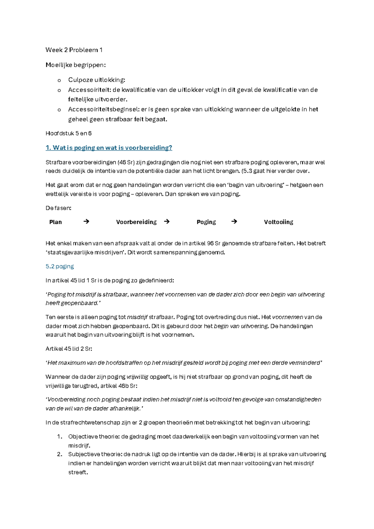 Week 2 Probleem 1: Poging en Voorbereiding in Strafrecht - Studeersnel