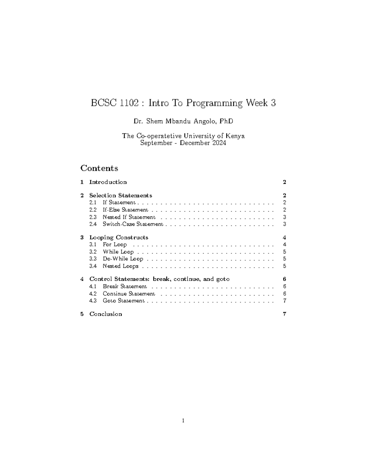 BCSC 1102 Introduction to Programming Lecture 3 Notes - Dr. Shem Mbandu ...