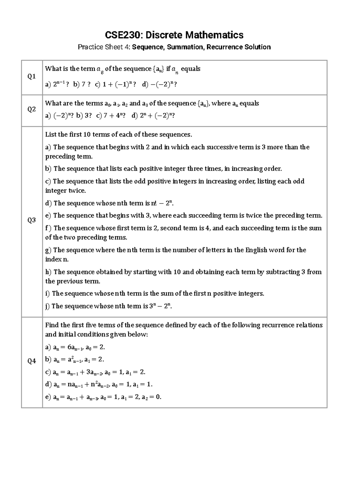 CSE230: Problem Set 4 - Sequences, Summation, and Recurrence Solutions ...