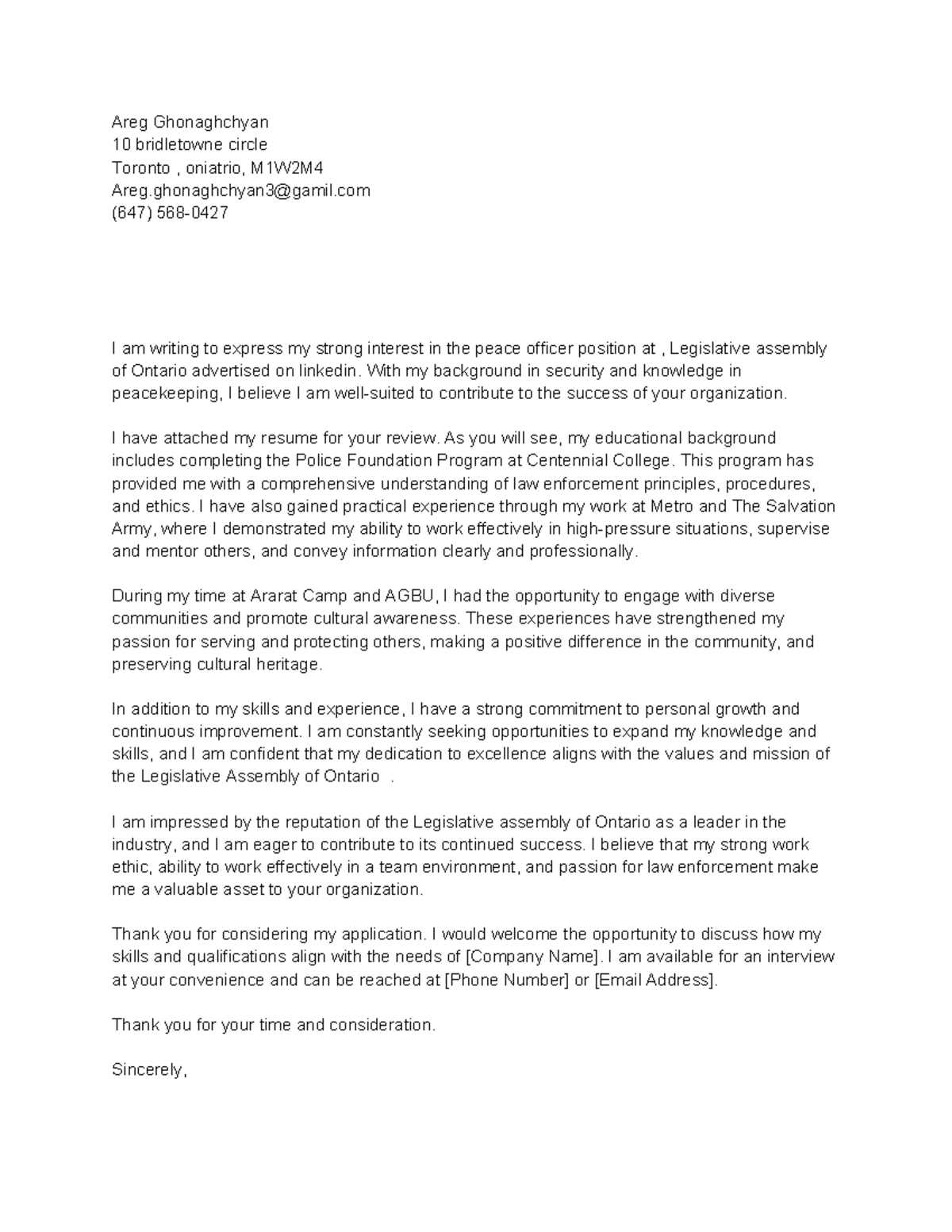Cover Letter for Peace Officer Position - Legislative Assembly of ...