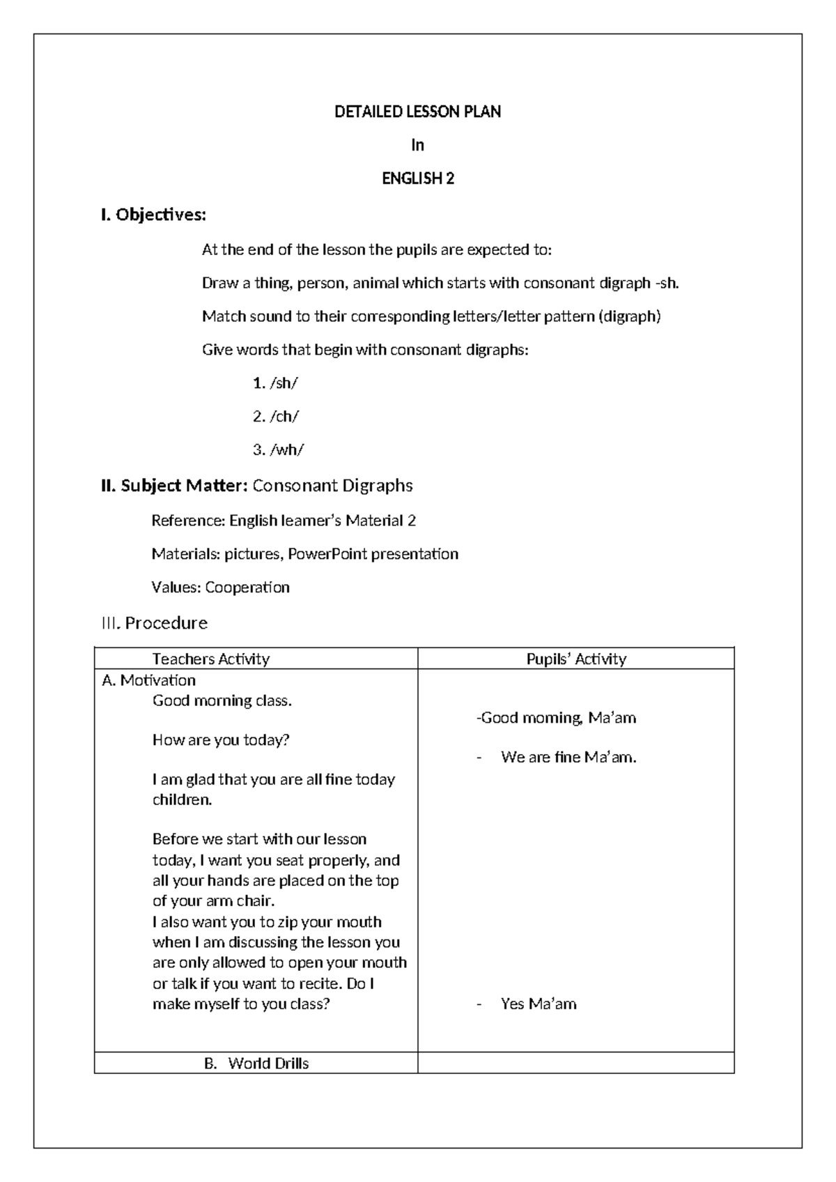 Consonant Digraphs Lesson Plan for English 2 - Detailed Guide - Studocu