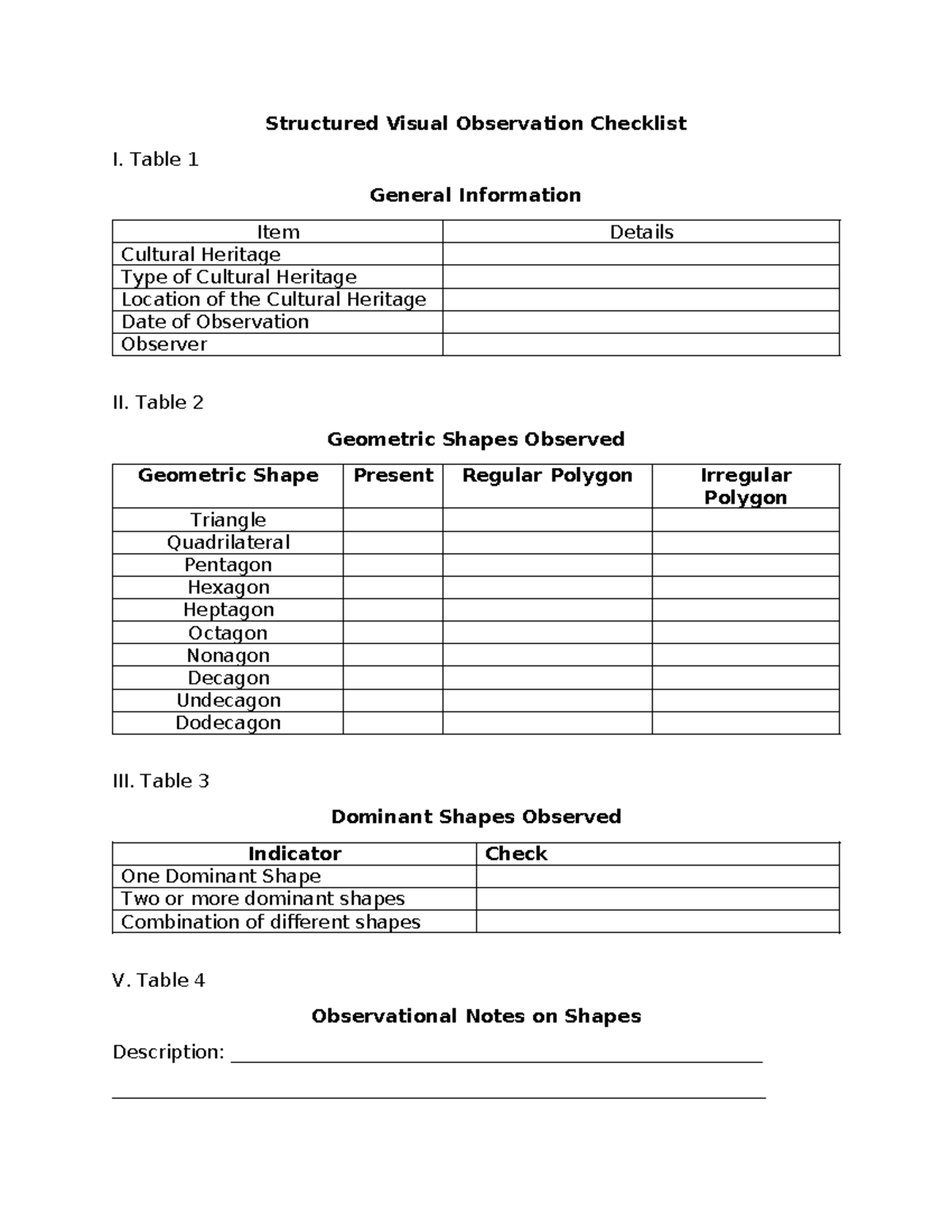 Observation Checklist - Table 1 General Information Item Details ...