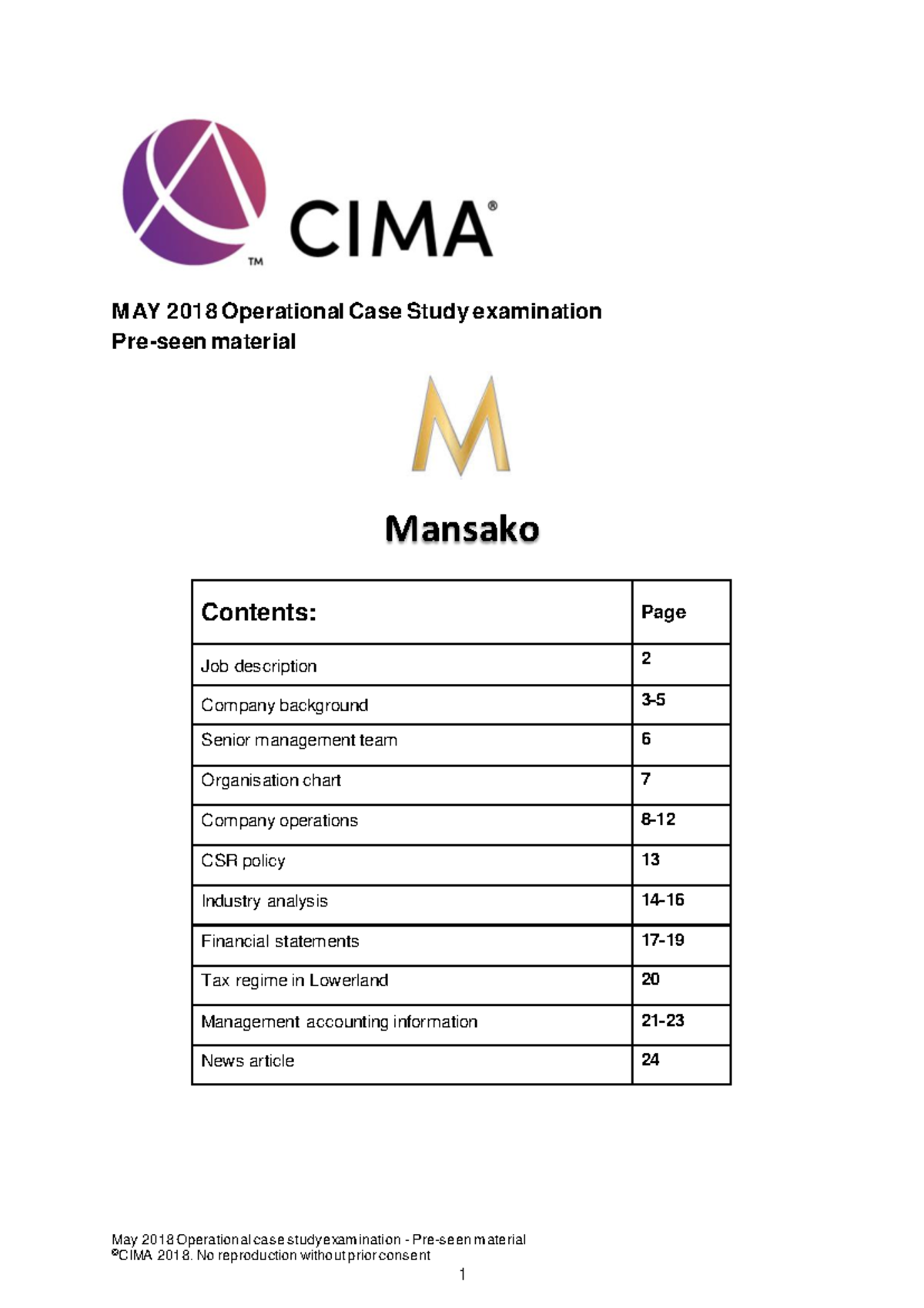 CIMA 2018 Operational Case Study Examination – Pre-seen Material - Studocu