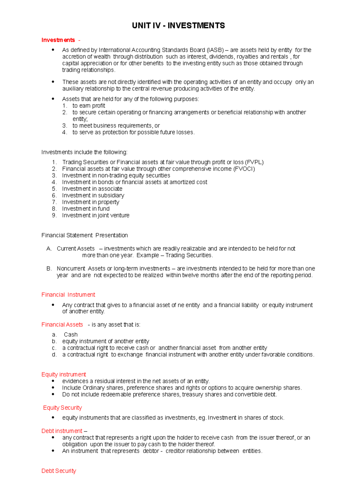 Unit IV: Investments - Comprehensive Study Notes - Studocu