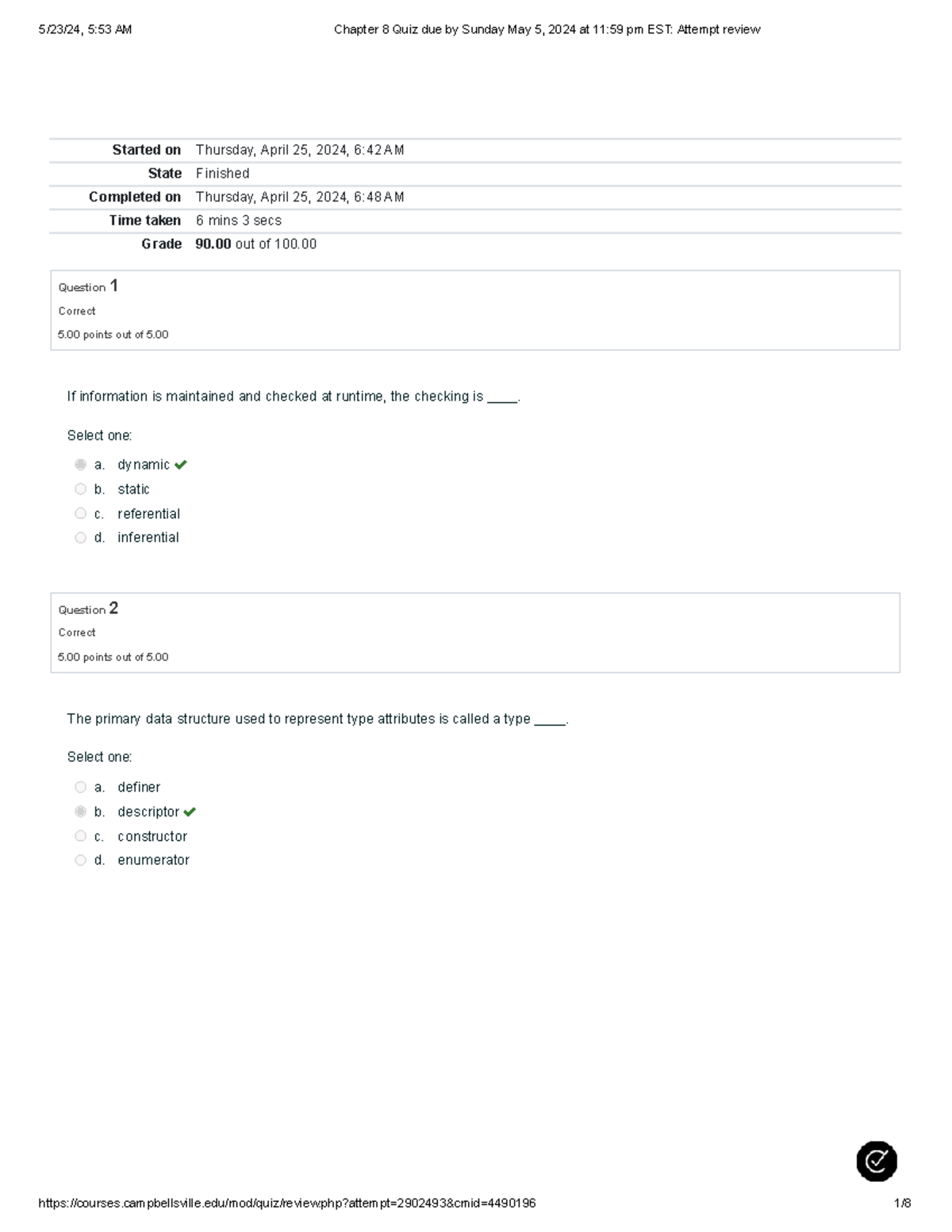 Chapter 8 Quiz Answers and Grading - CS101 - Studocu