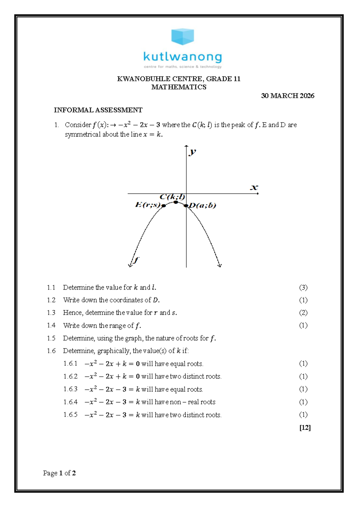 GR11 MATHEMATICS INFORMAL ASSESSMENT 30 MARCH 2026 - Studocu