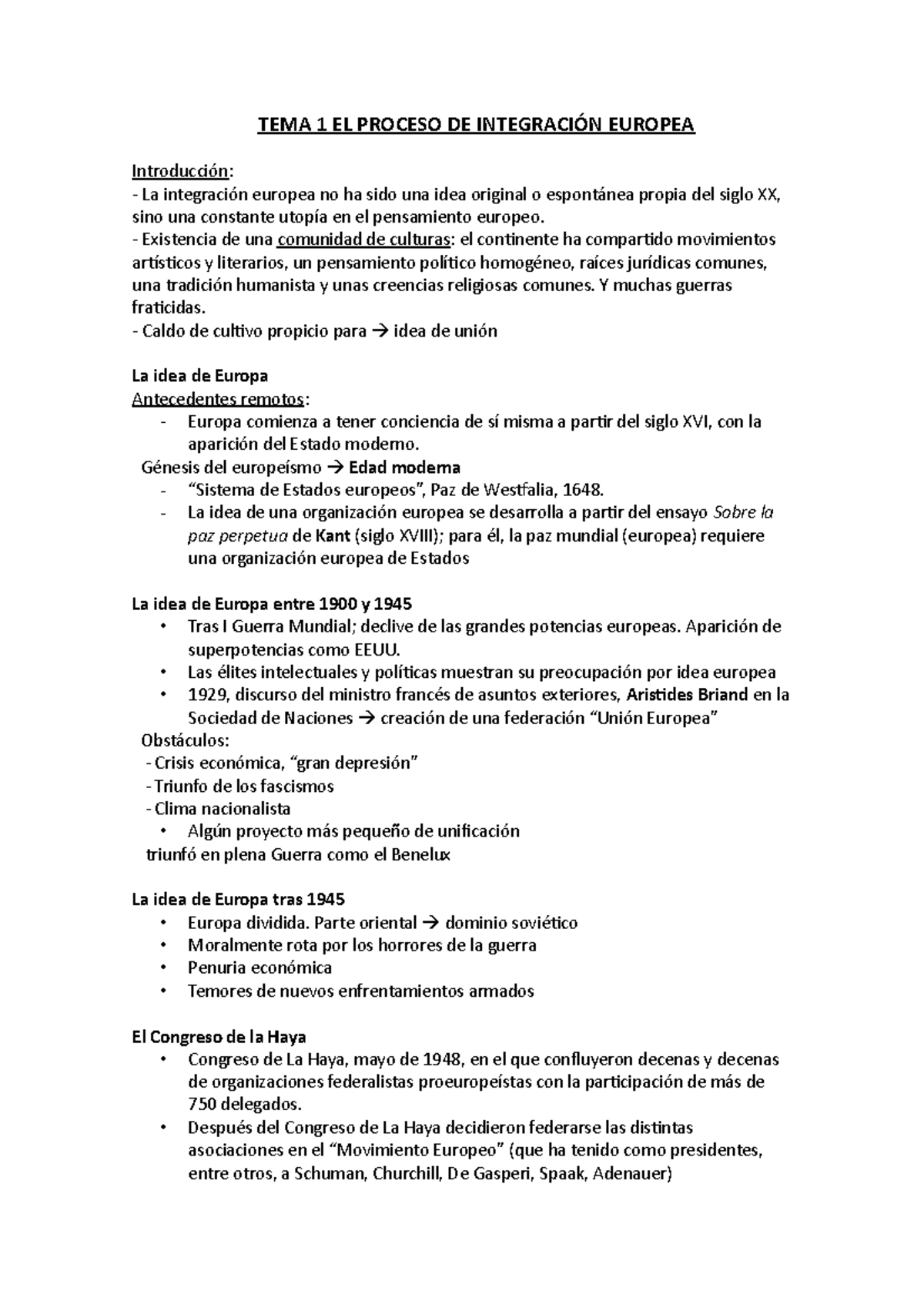Apuntes europeo - TEMA 1 EL PROCESO DE INTEGRACIÓN EUROPEA Introducción ...