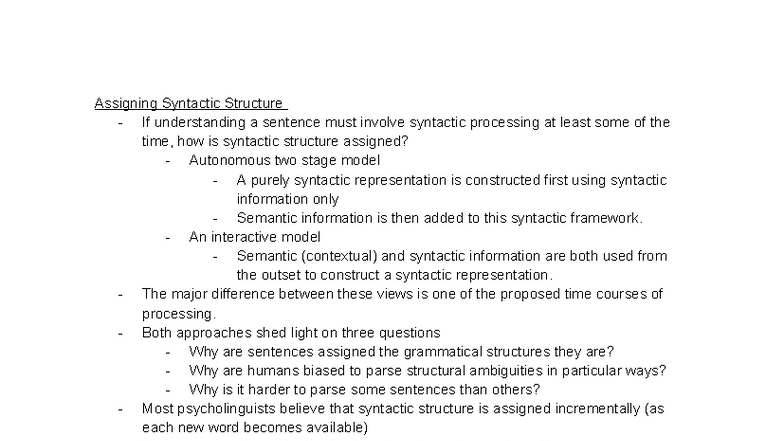 Understanding Syntactic Structure in Sentence Processing (PSY 301 ...