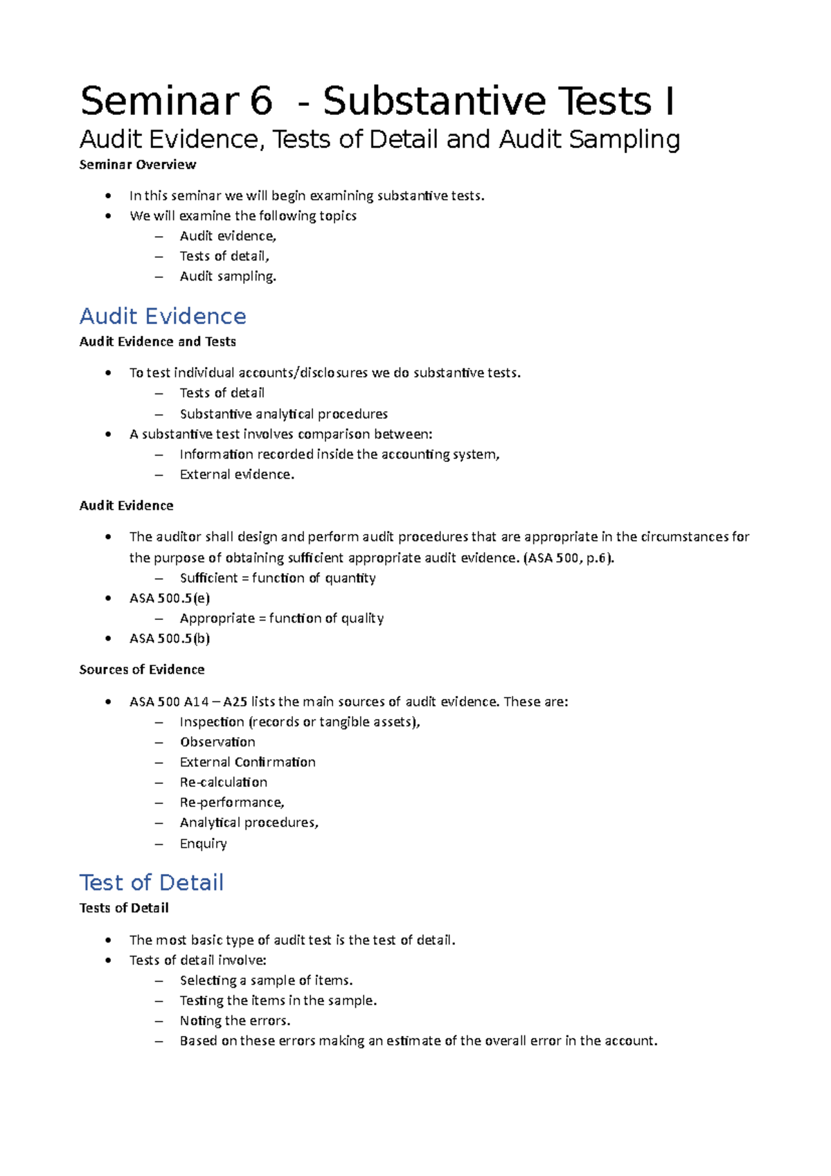 Seminar 6-7 notes Substantive tests - Seminar 6 - Substantive Tests I ...