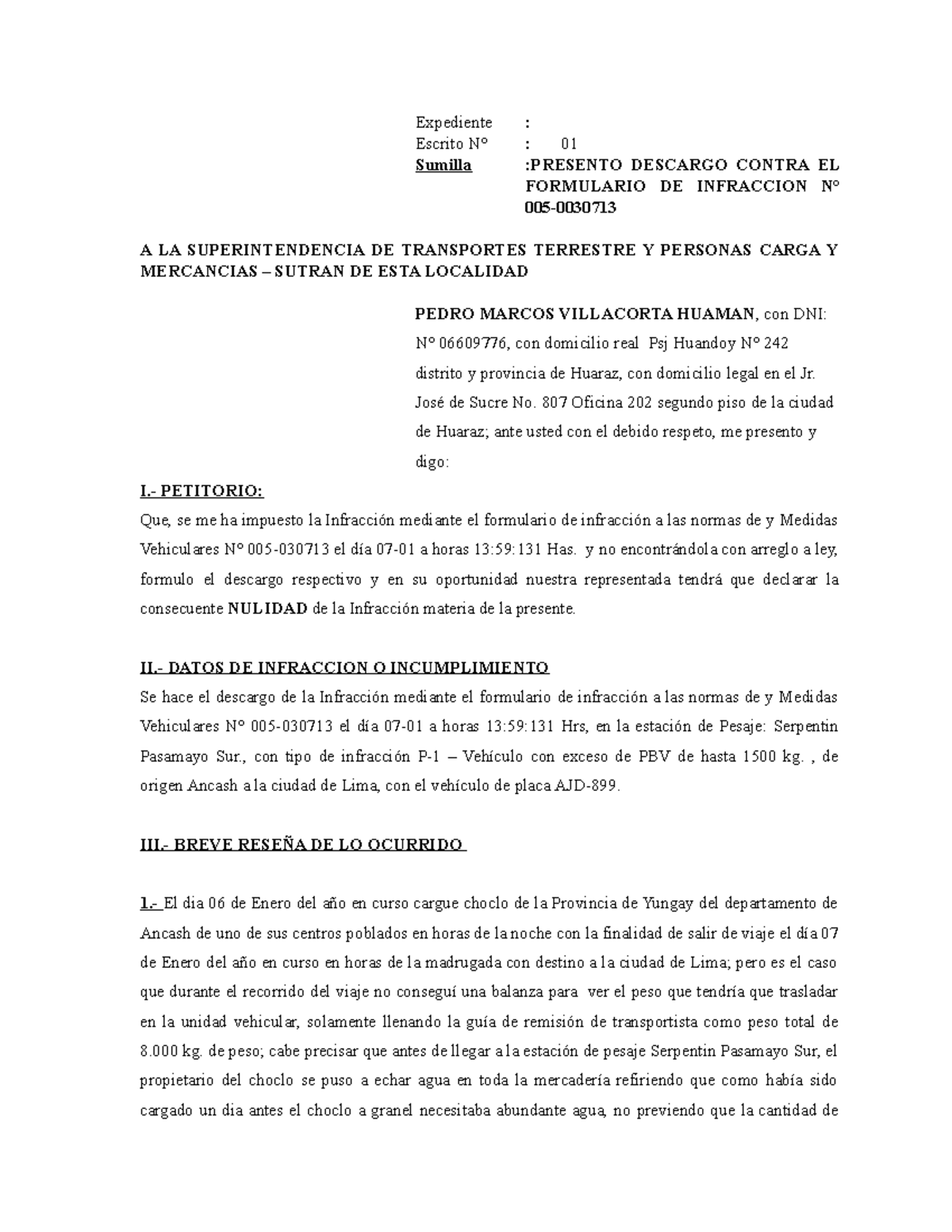Descargo Administrativo ante SUTRAN por Infracción N° 005-030713 - Studocu