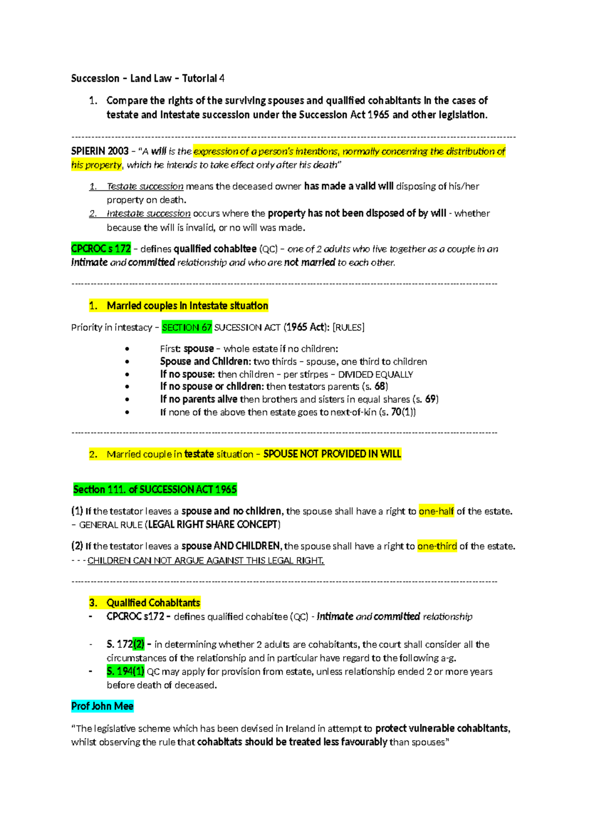 Tutorial 4 - Analyzing Succession Rights: Spouses & Cohabitants - Studocu