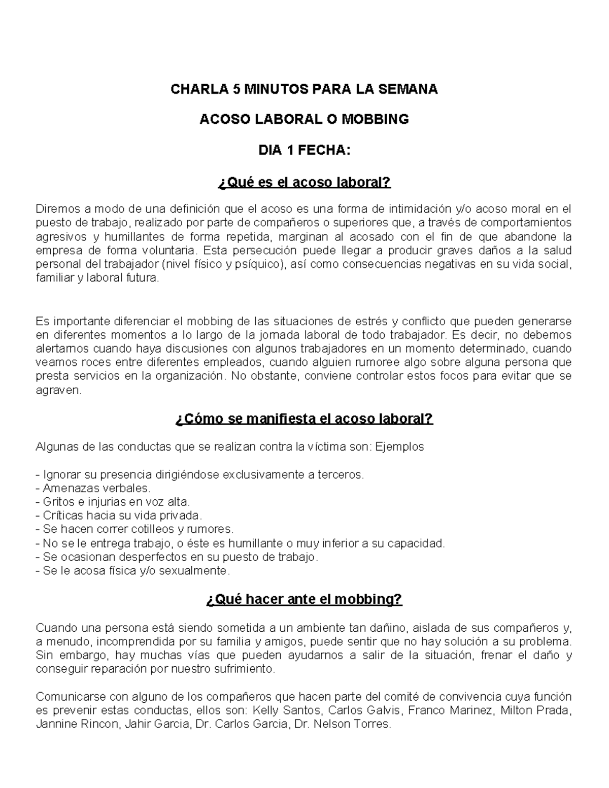Charlas 5 Minutos: Acoso Laboral y Mobbing en el Trabajo - Document Preview