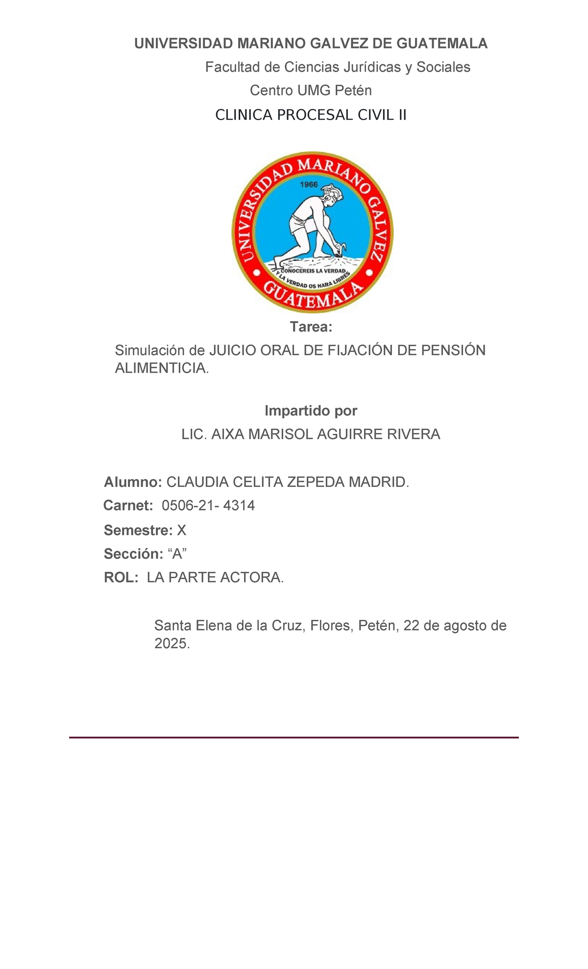 CLINICA PROCESAL CIVIL II: Simulación de Juicio Oral sobre Pensión Alimenticia - Document Preview