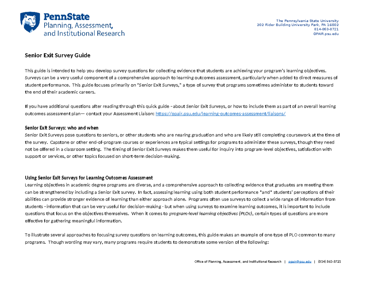 Senior Exit Survey Guidelines: Assessing Learning Outcomes Standards ...