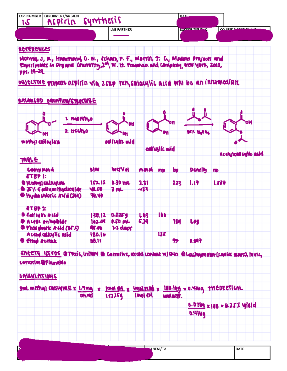 Aspirin synthesis - Lab Report - SIGNATURE DATE WITNESS/TA DATE EXP ...