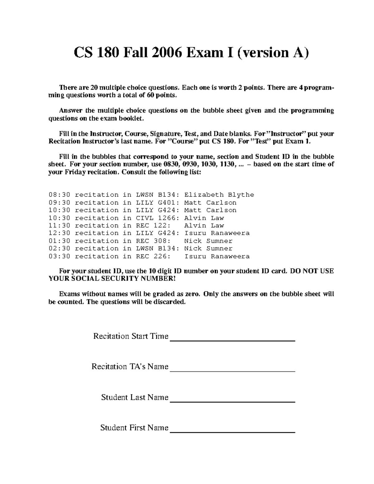 CS 180 Fall 2006 Exam 1 with Answer Key and Questions - Studocu