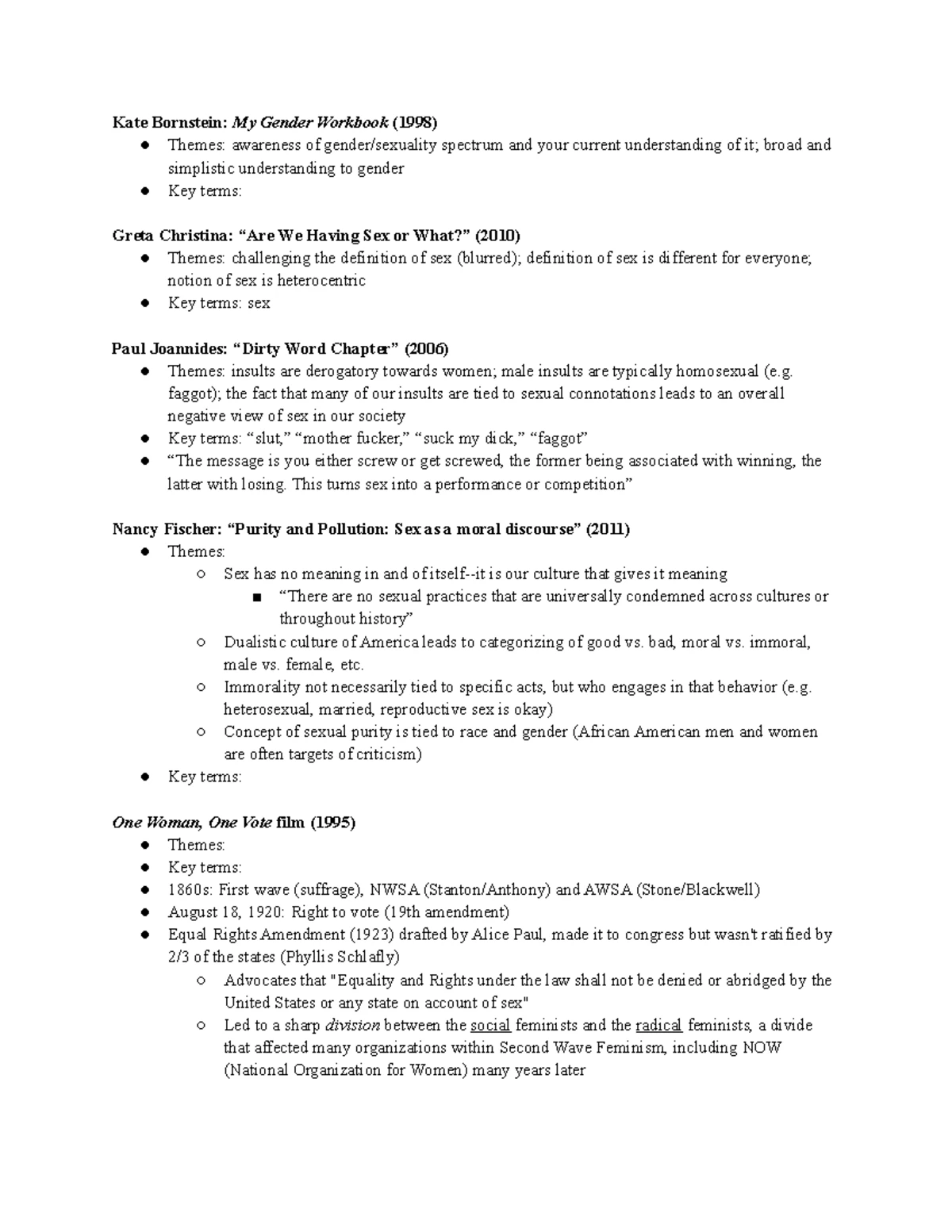 WGSS Final Study Guide - Comprehensive notes on the key readings of the ...