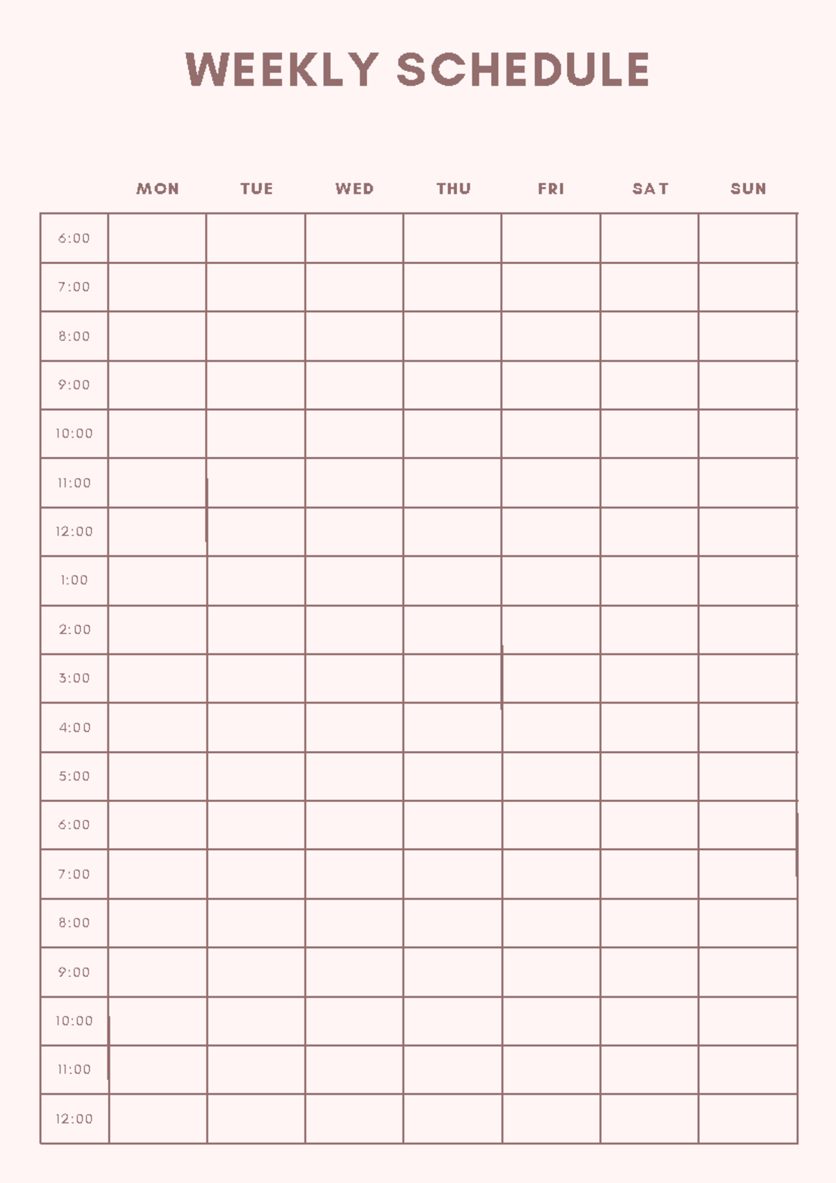 Minimal Weekly Schedule Planner - WEEKLY SCHEDULE 6: 7: 8: 8: 9: 9: 10 ...