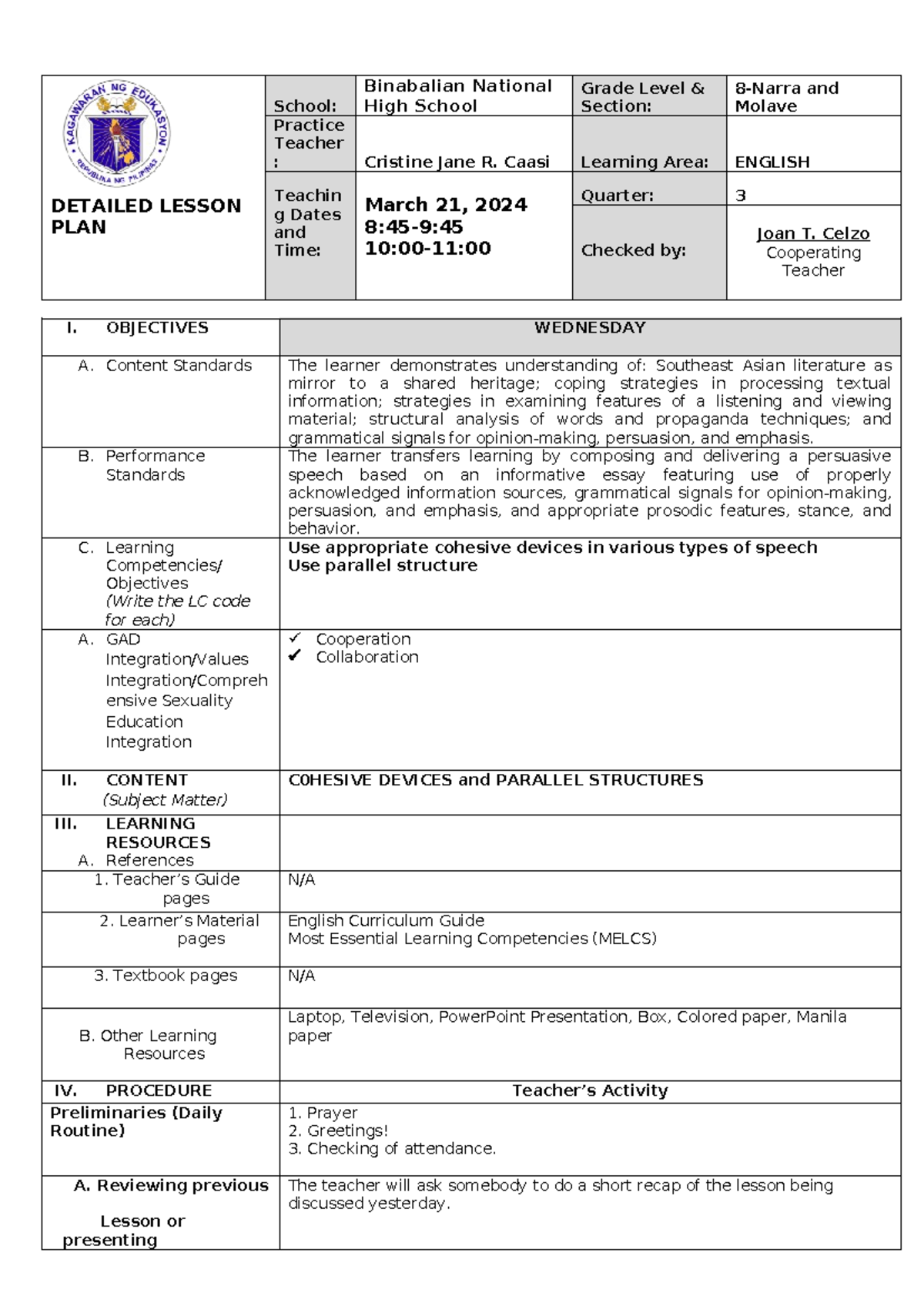 Detailed Lesson Plan: Cohesive Devices & Parallel Structures (DLP-6 ...