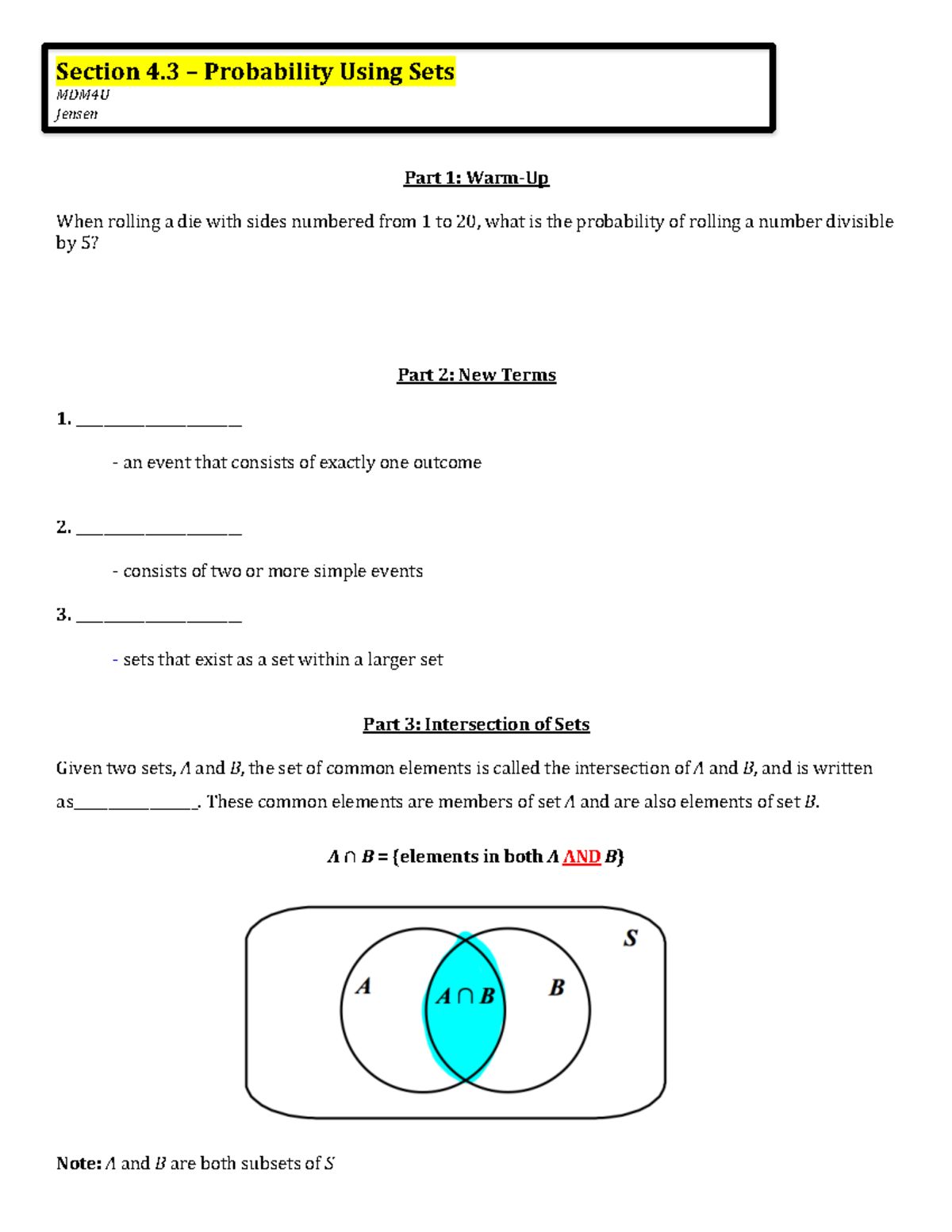 MDM4U Probability Lesson: Sets, Events, and Venn Diagrams - Studocu