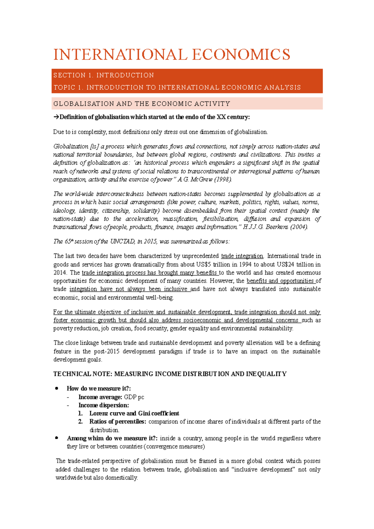 International Economics Class Notes: Key Concepts and Analysis - Studocu