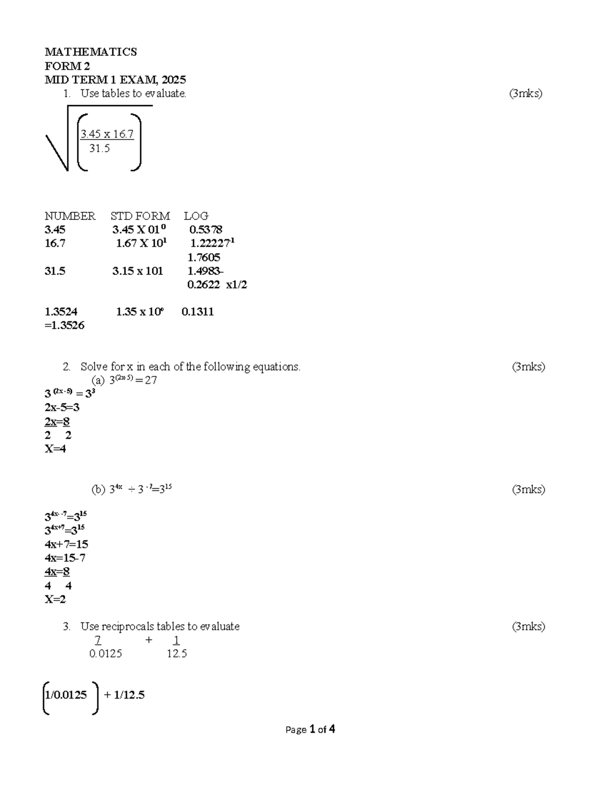 F2 Maths MS - Exam material - MATHEMATICS FORM MID TERM 1 EXAM, 3 x 16 ...