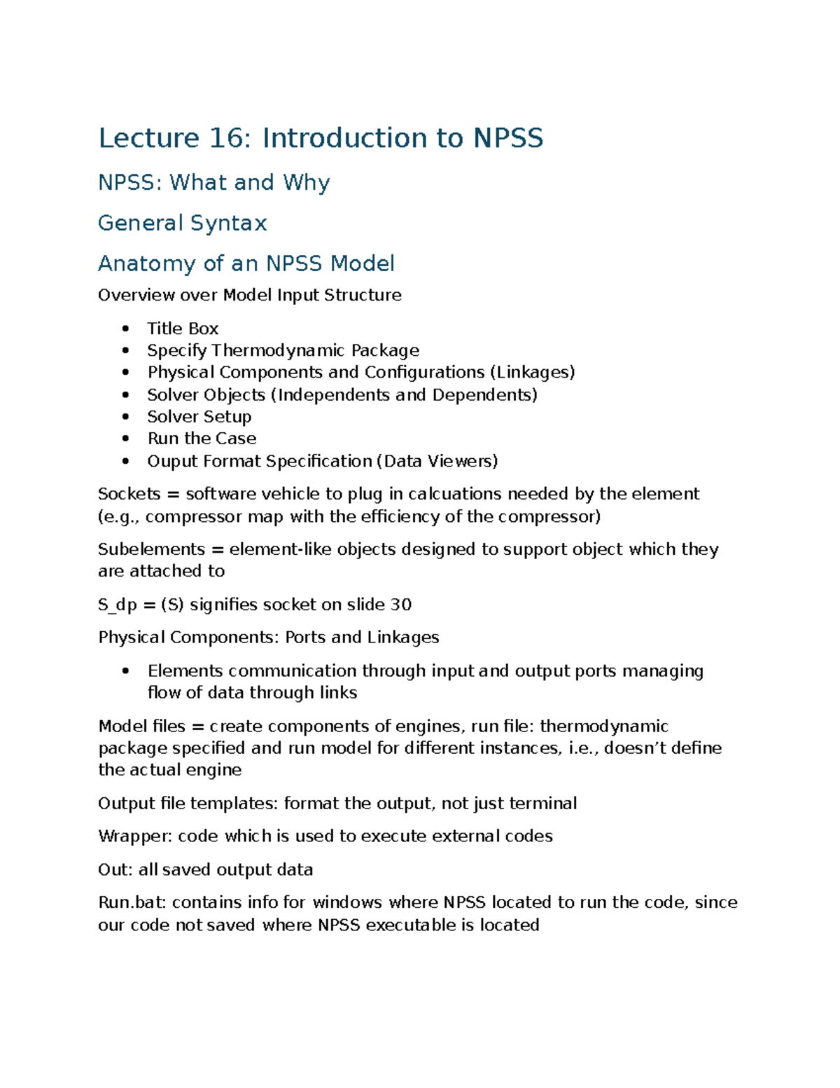 Lecture 16: Intro to NPSS - Model Structure & Components - Studocu