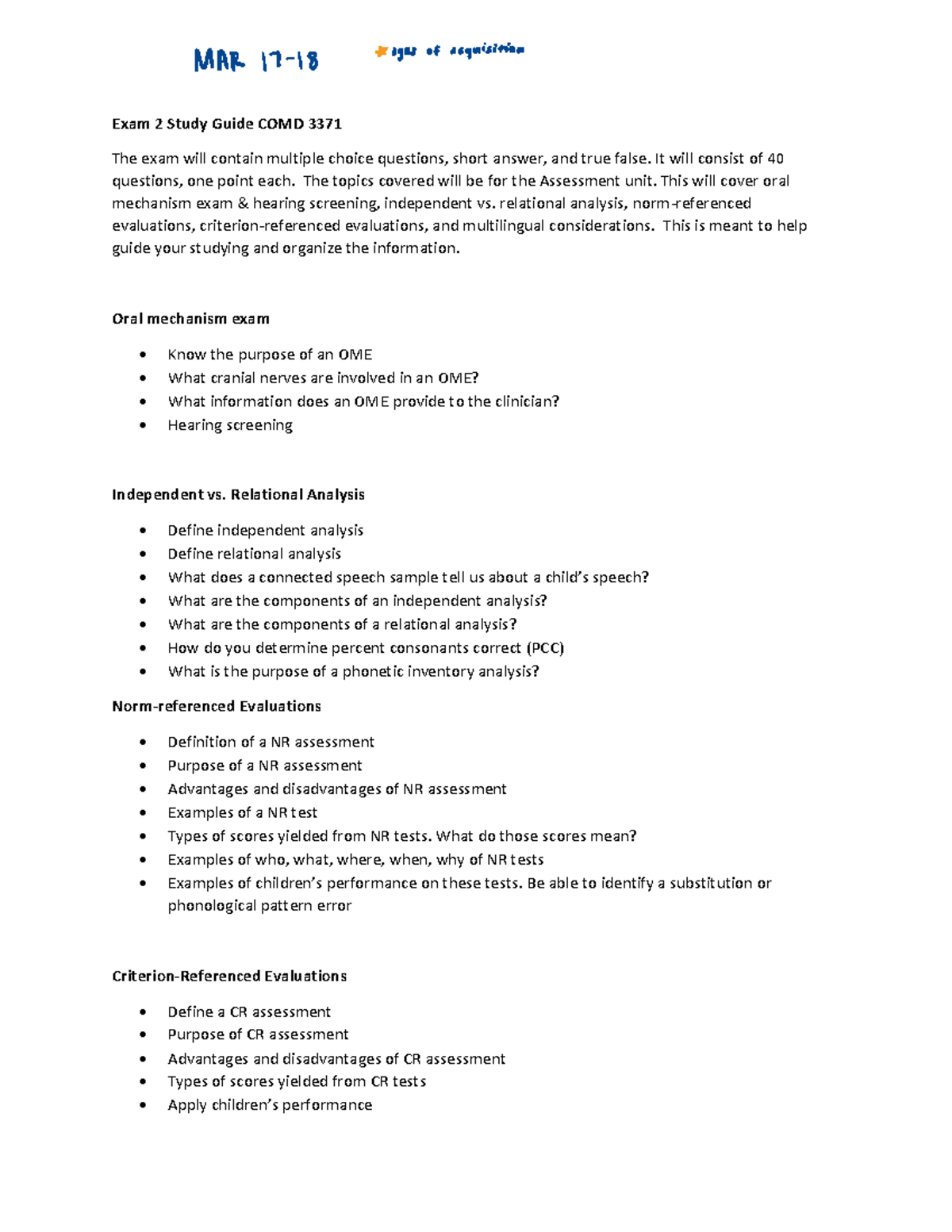 COMD 3371 Exam 2 Study Guide: Assessment Unit Overview - Studocu
