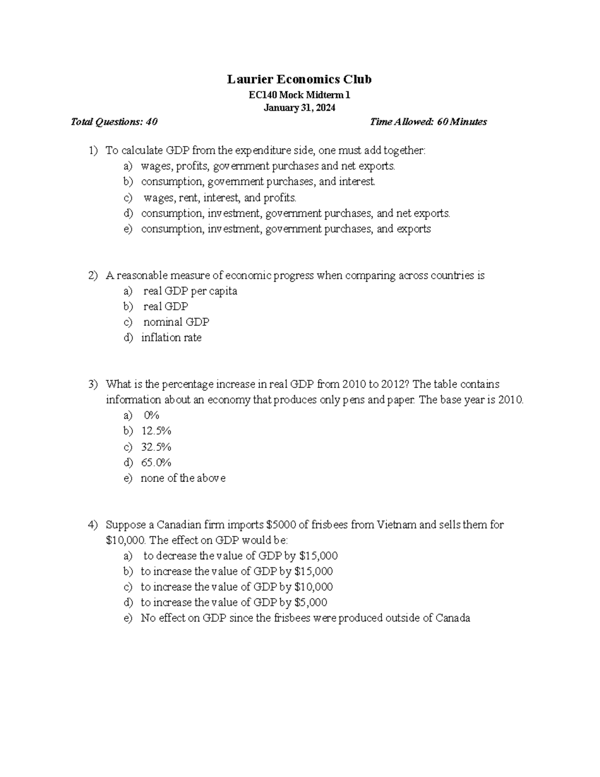 Laurier EC140 Mock Midterm 1 Study Guide - January 2024 - Studocu