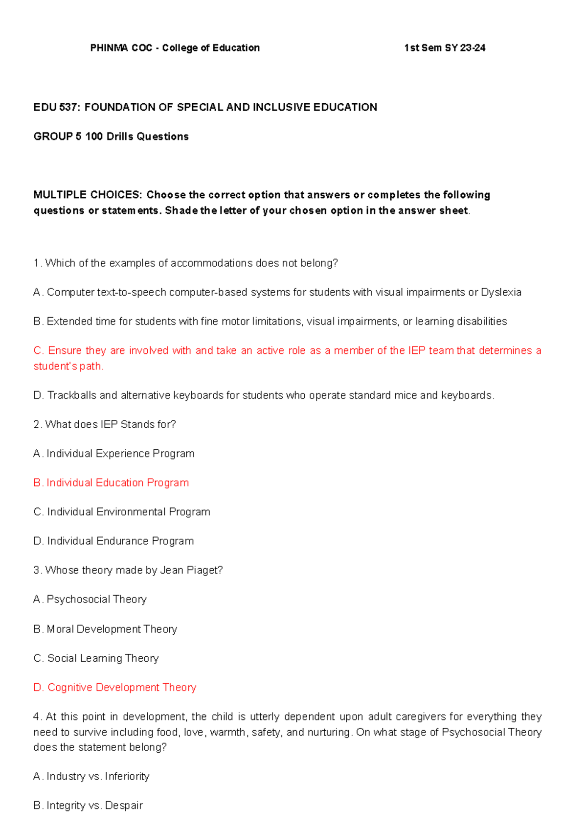 EDU 537: Quiz on Special and Inclusive Education - 100 Questions - Studocu