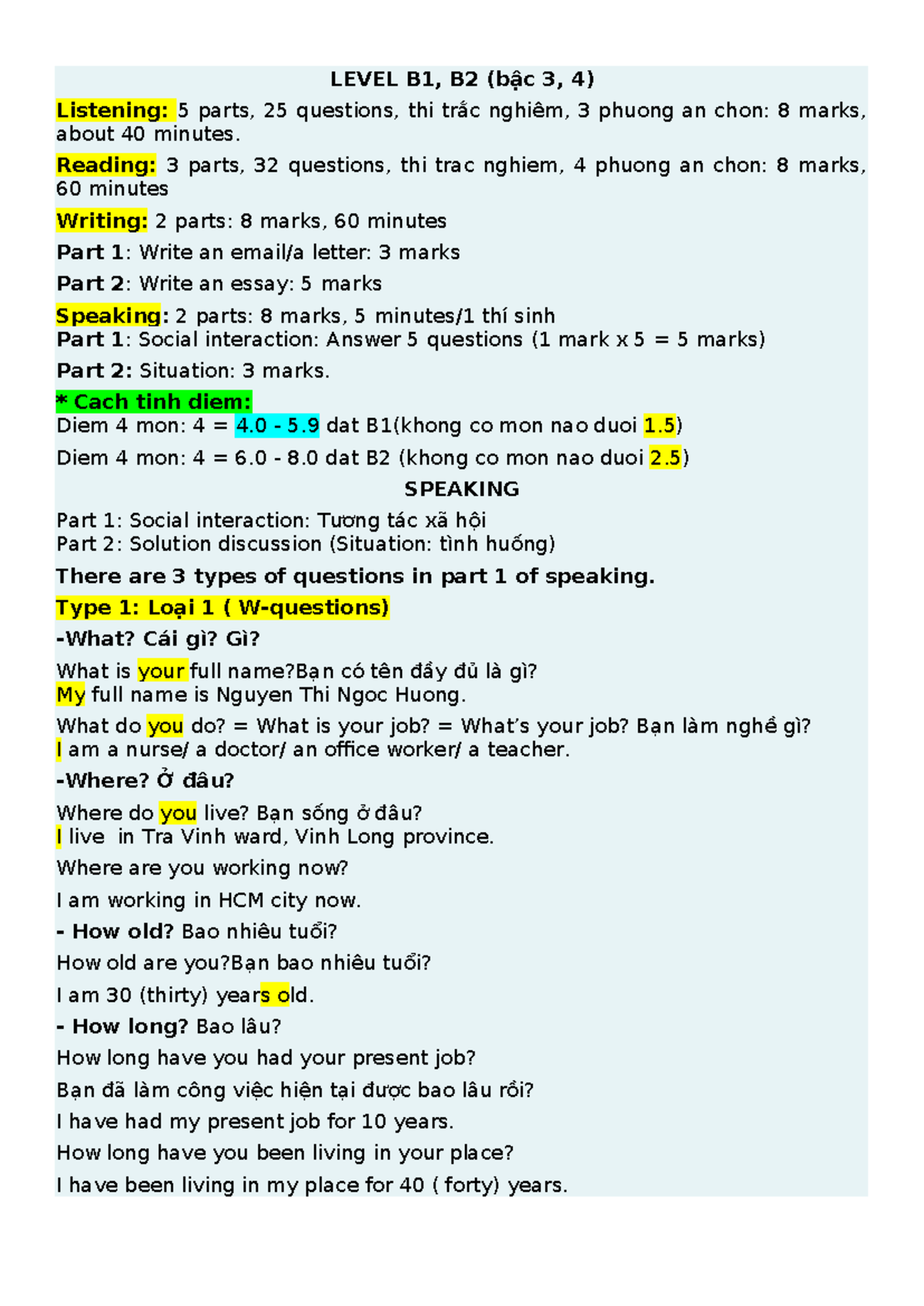 LEVEL B1, B2 Speaking: 3 Types of Questions Guide - Studocu