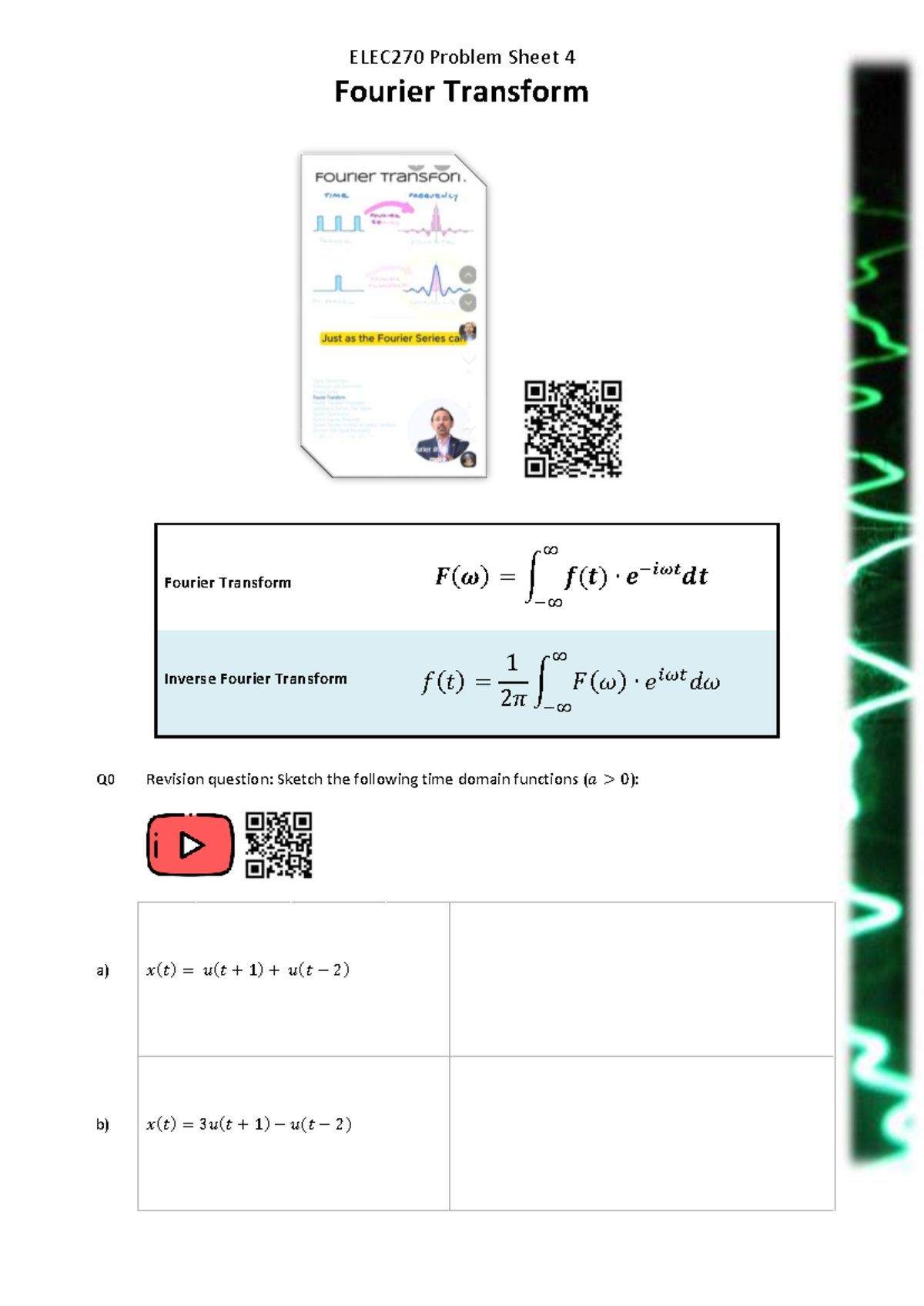 ELEC270 Problem Sheet 4: Fourier Transform Concepts and Solutions - Studocu