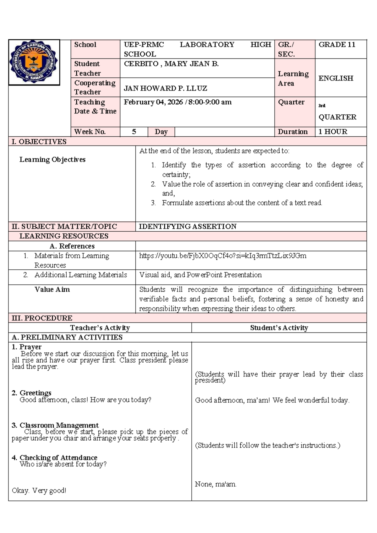 G11 ENGLISH Lesson Plan: Identifying Assertions in Texts - Studocu