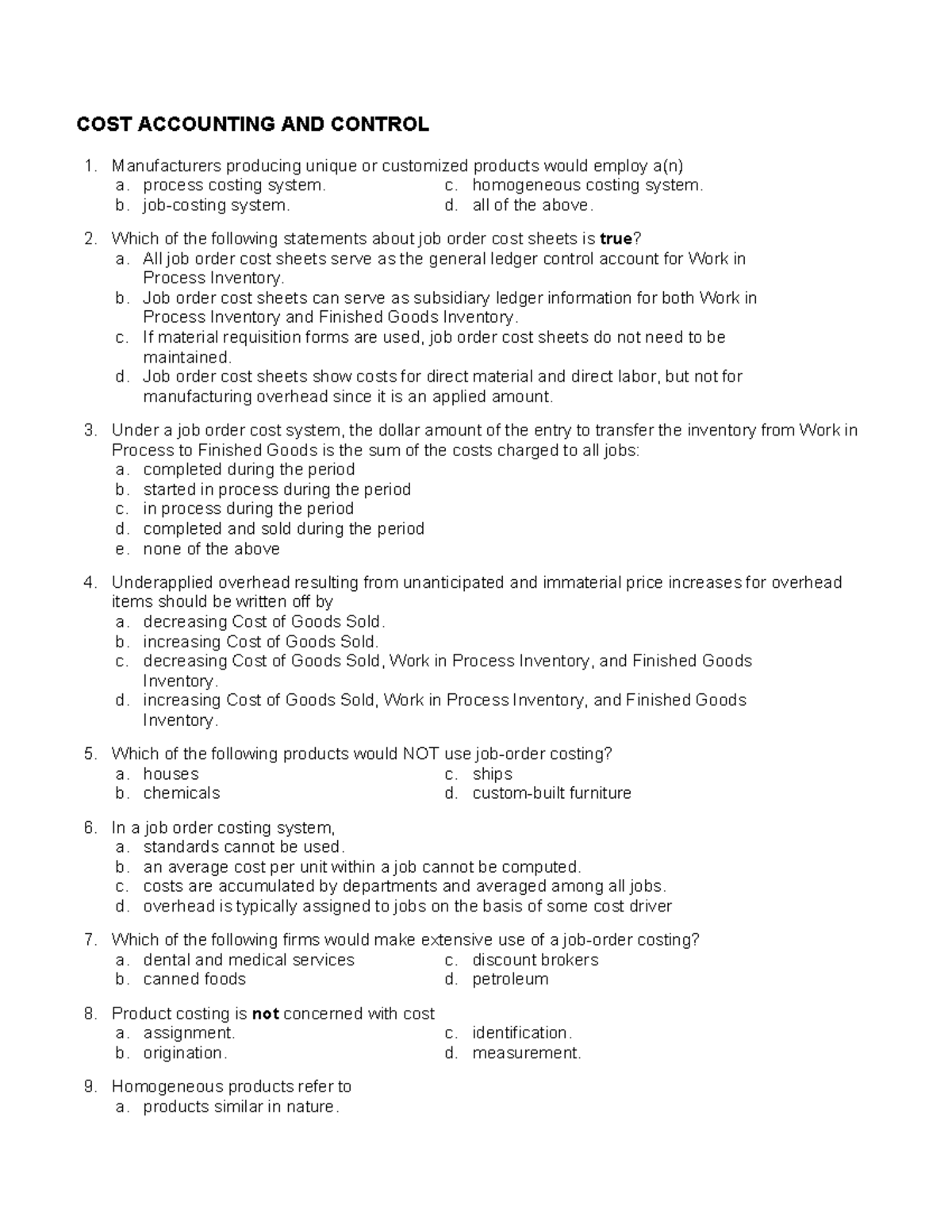 COST - QUIZ 1 - none - COST ACCOUNTING AND CONTROL Manufacturers ...