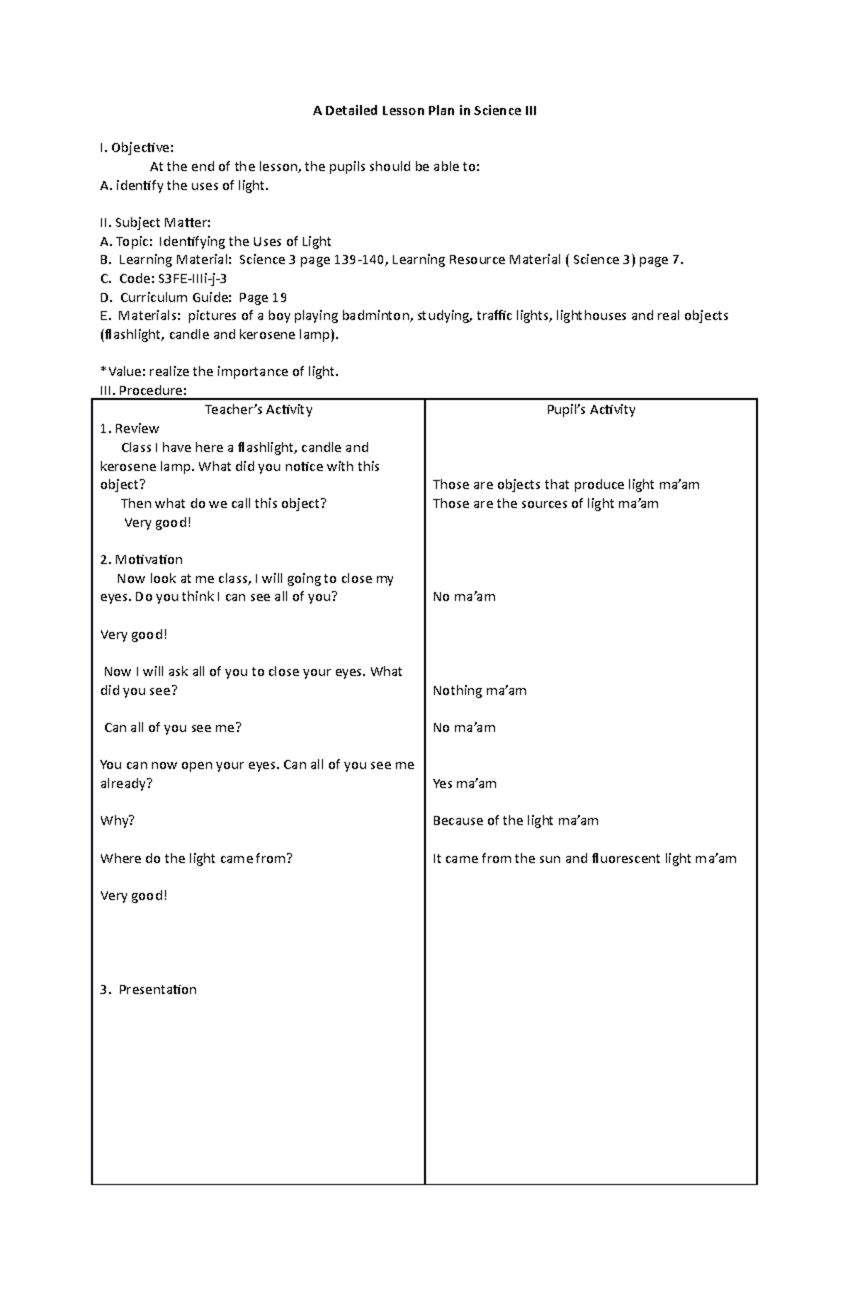 424245168 Science III Final Demo Lesson Plan on Light Uses - Studocu