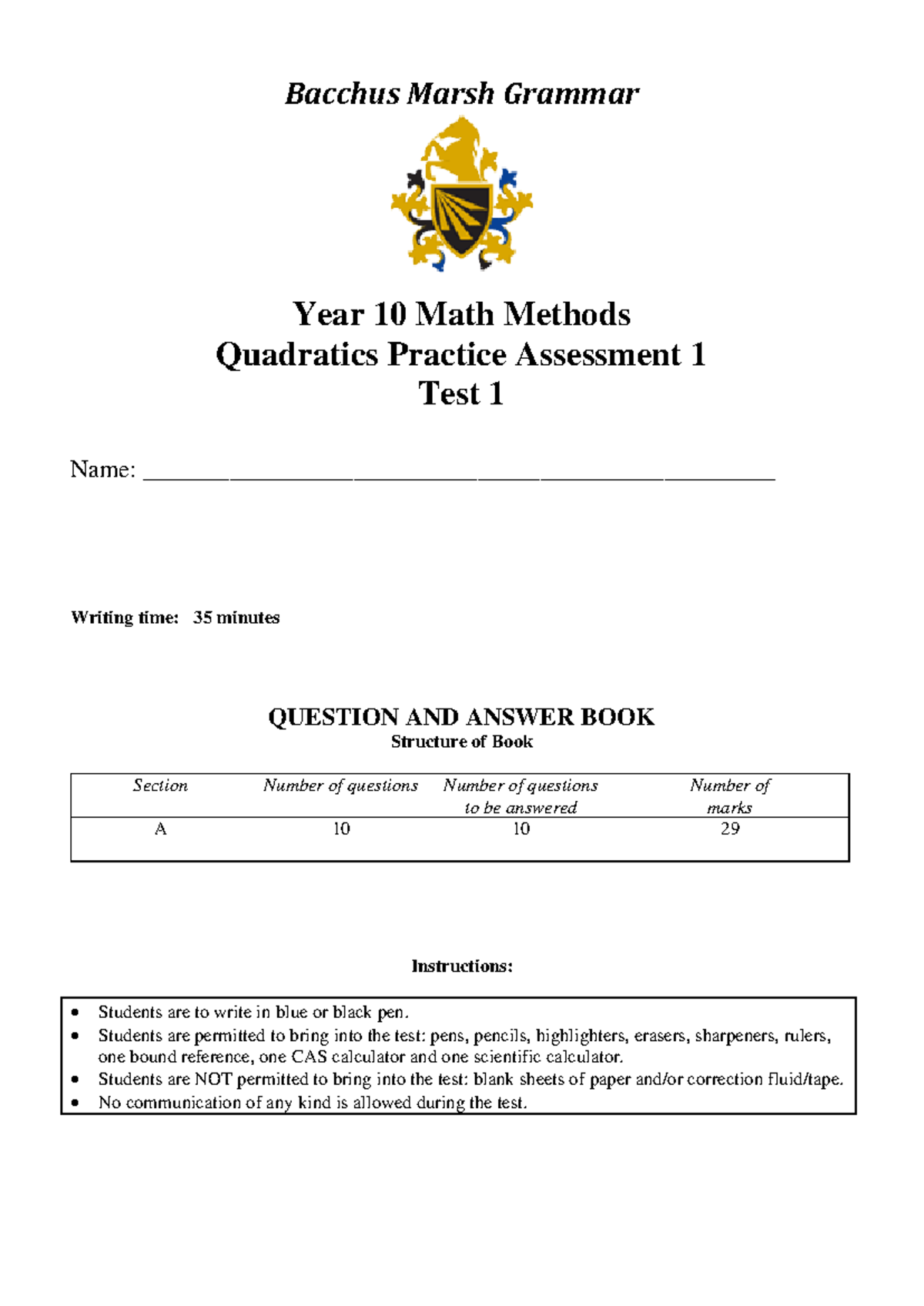 Year 10 Math Methods: Quadratics Practice Test 1 Assessment - Studocu