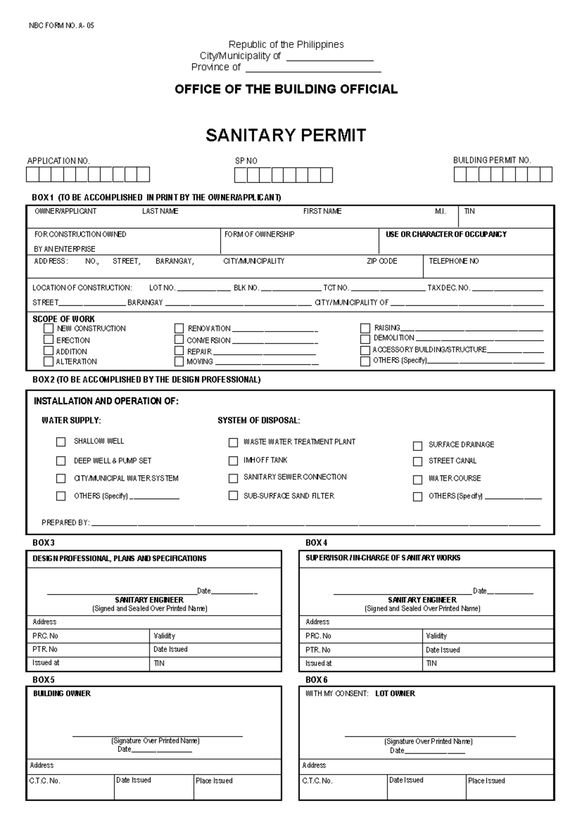 Sanitary Permit Application Form - NBC FORM NO. 05 - Studocu