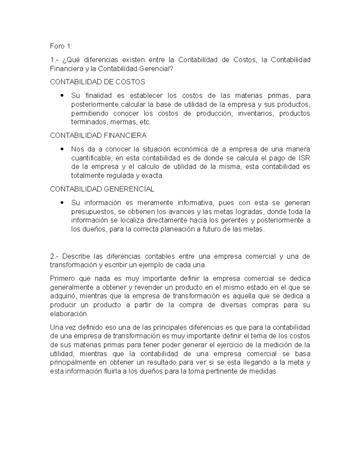 Foro 1: Diferencias entre Contabilidad de Costos, Financiera y ...