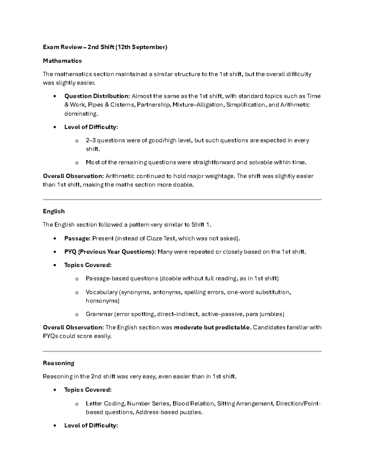 CGL Exam Review: Shift 2 Notes (12th Sept) - Mathematics & English ...