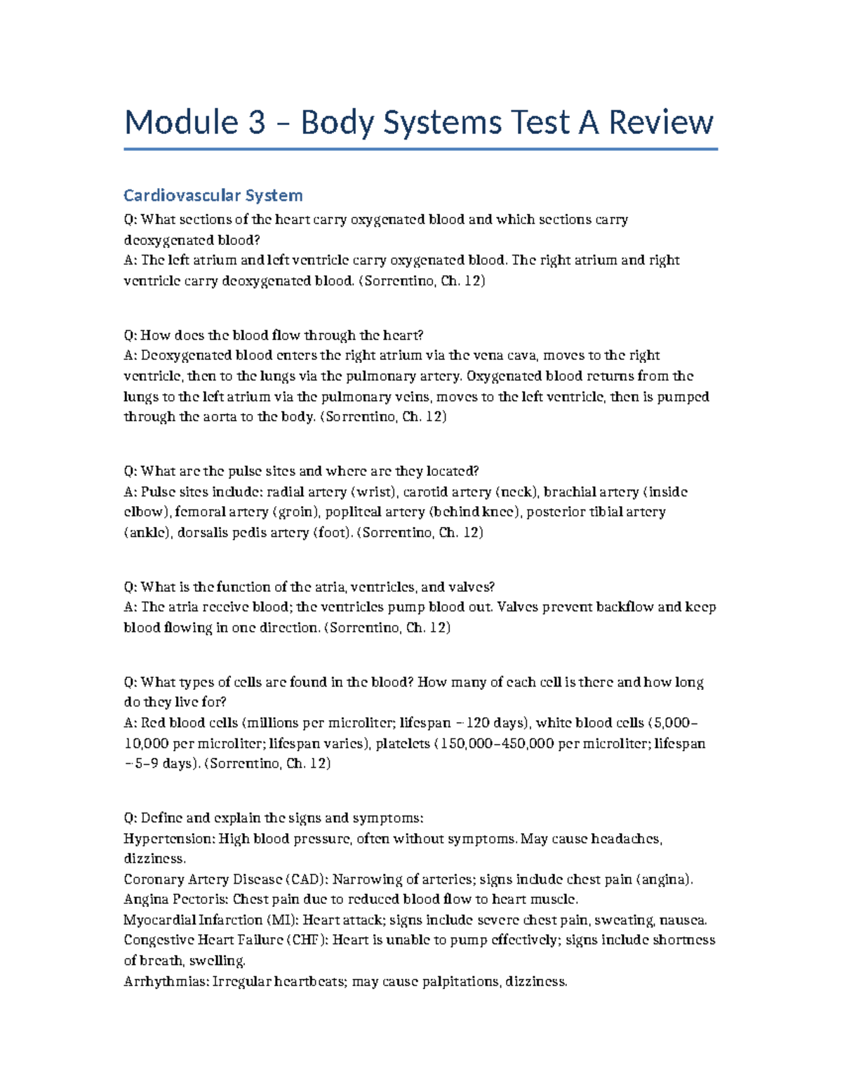 Module 3 Body Systems Test A Review: Cardiovascular & Respiratory - Studocu