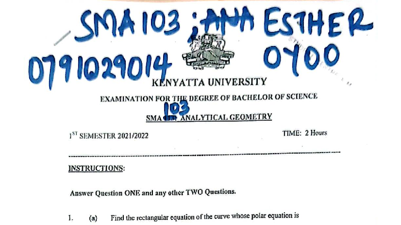 SMA 103: Analytical Geometry Exam Paper - Esther OYOO - Studocu