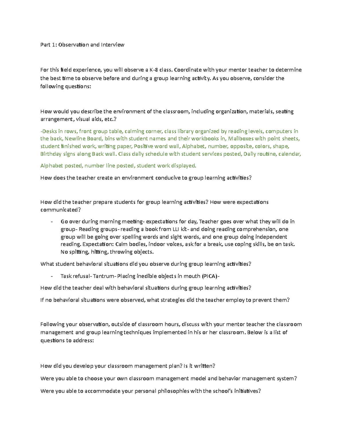 K-8 Classroom Observation Notes 1B: Strategies & Management Insights ...