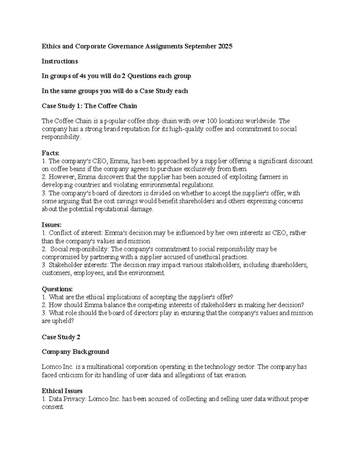 Ethics & Corporate Governance Assignments 2026: Case Studies & Analysis ...