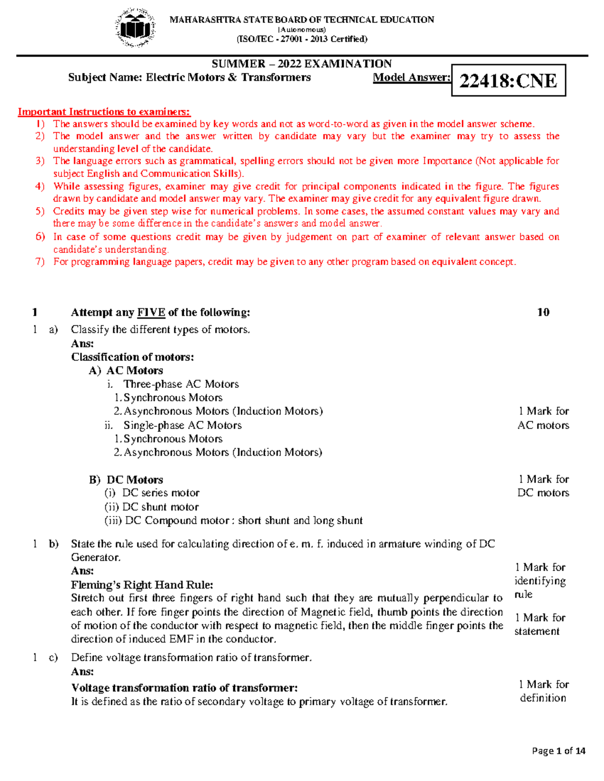 DC Machines and Transformers Model Answer Paper: 22418:CNE Summer 2022 ...