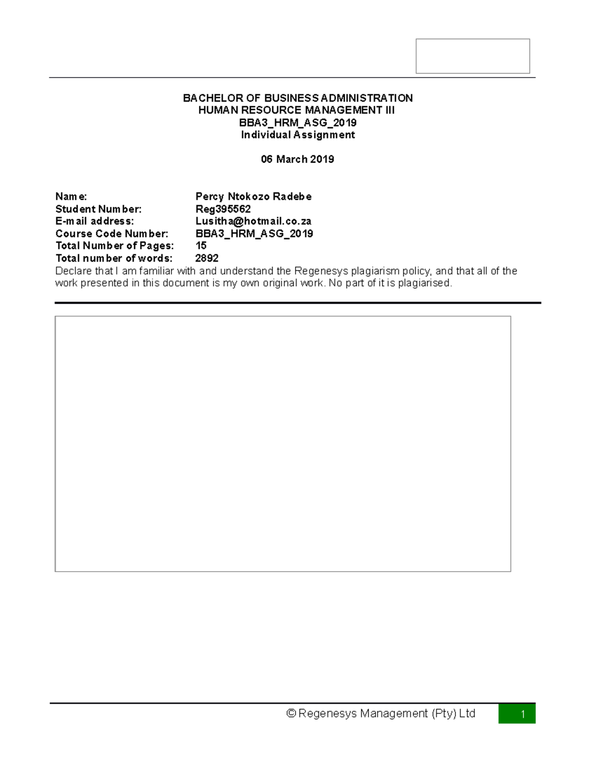 Human Resource Management III Assignment - BACHELOR OF BUSINESS ...