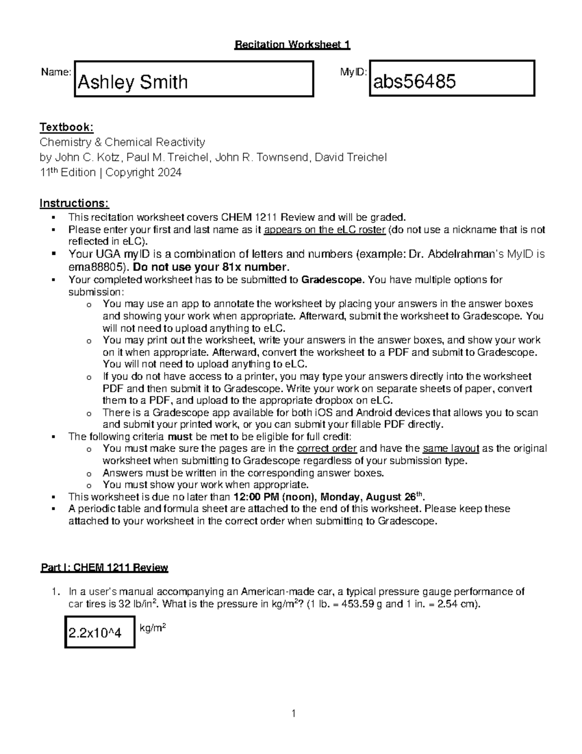 CHEM 1211 Recitation Worksheet 1: Review and Submission Guidelines ...