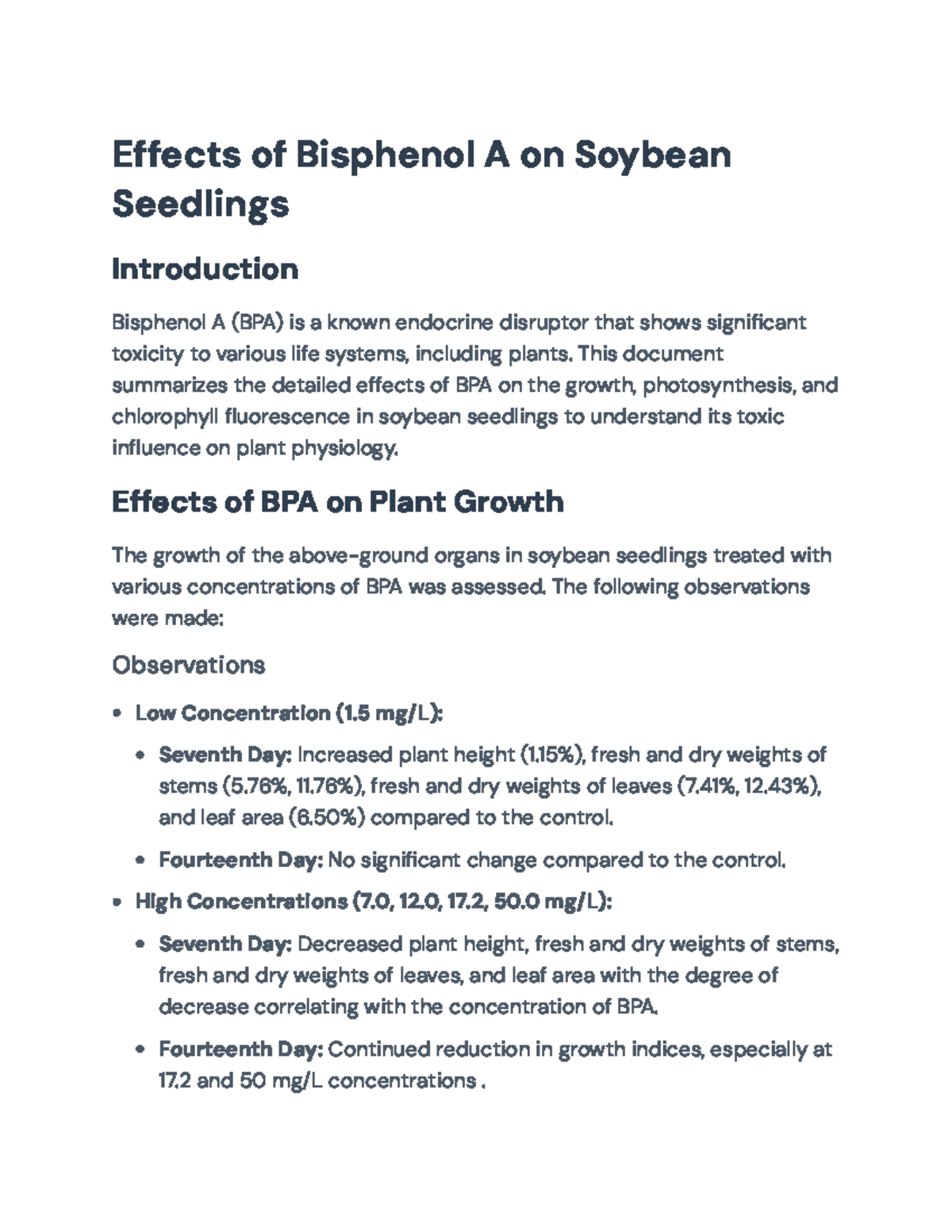 Effects of Bisphenol A on Growth and Photosynthesis in Soybean ...