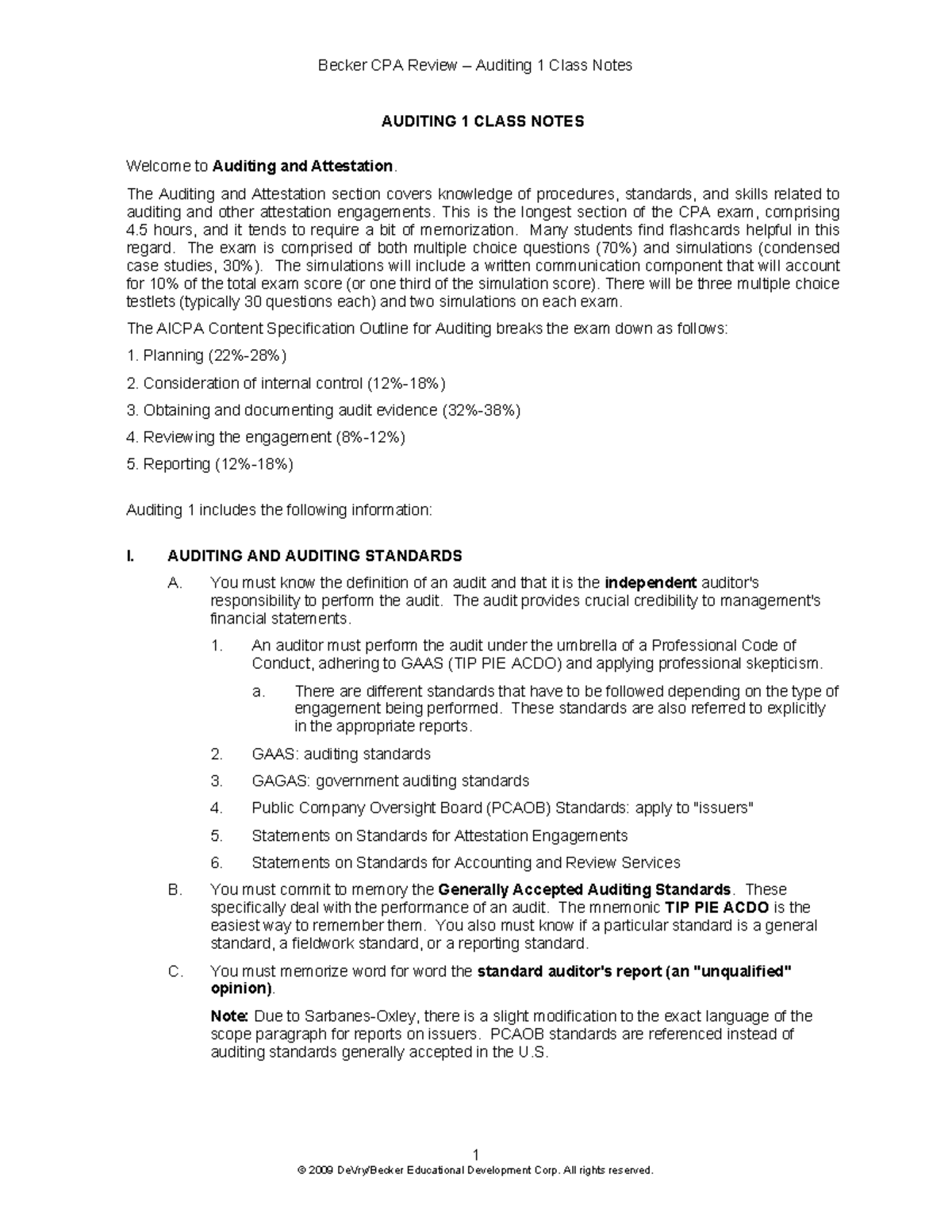 Becker CPA Review - Auditing 1 Final Class Notes - Studocu