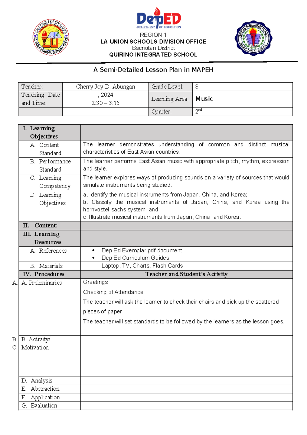 A Semi-Detailed Lesson Plan in MAPEH 8 for Quarter 2 - Studocu