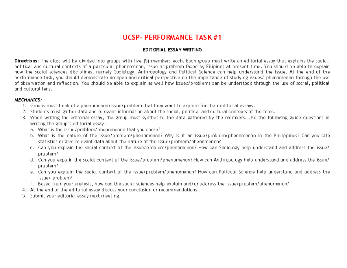 UCSP Performance Task 1: Group Editorial Essay on Contemporary Issues ...